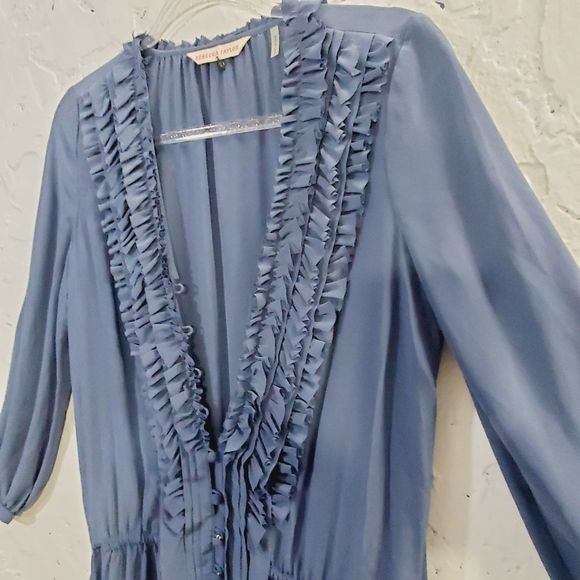 Rebecca Taylor silk ruffle shirt mini dress Top W/ Waist tie  blue size small 2 - Picture 8 of 16
